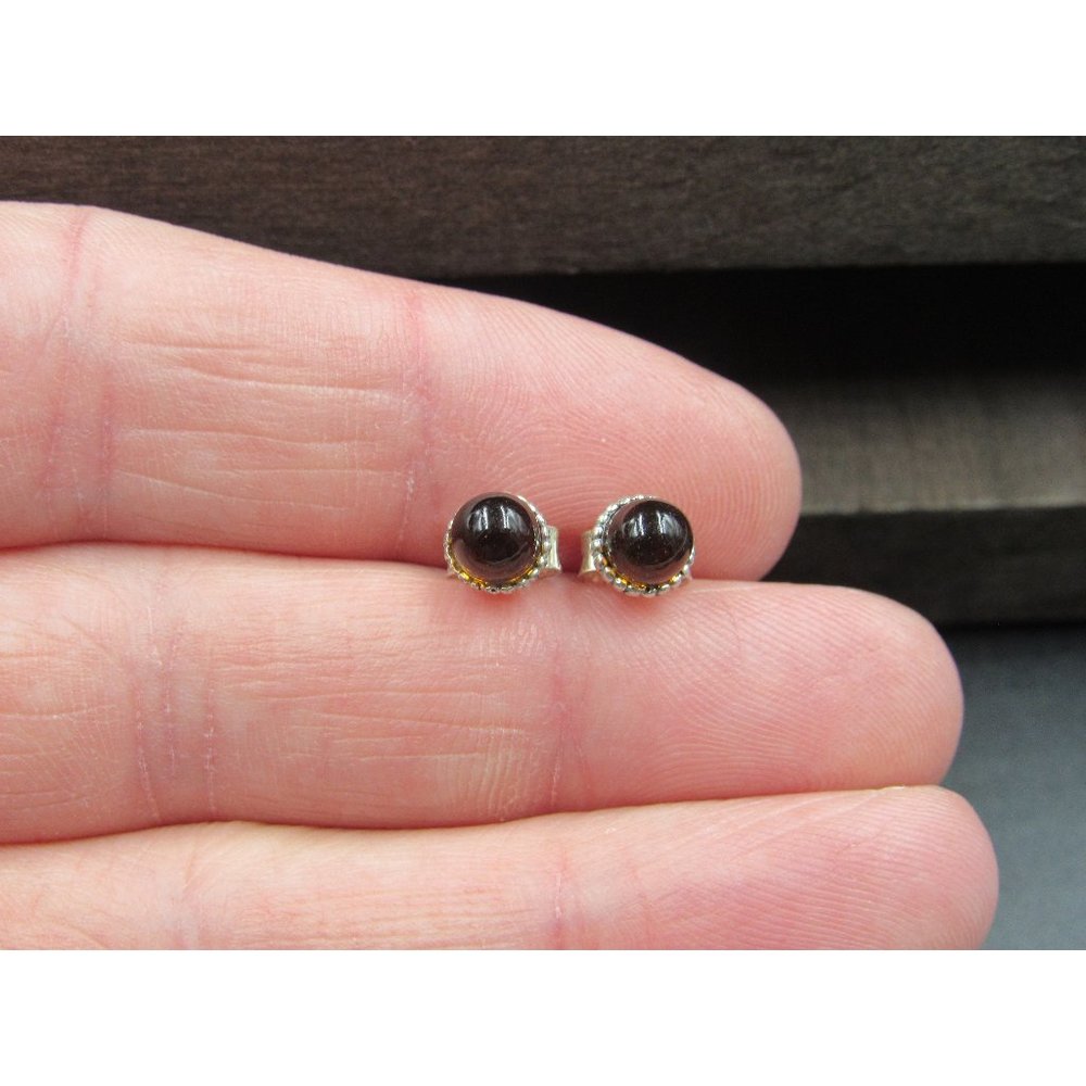 Sterling Silver Petite Dark Orange Amber Stud Earrings